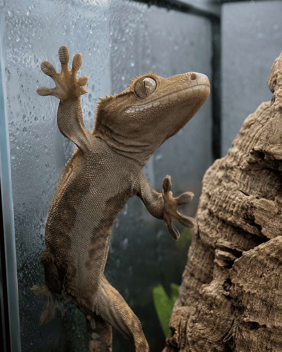 crested gecko slipping on wet terrarium glass 2