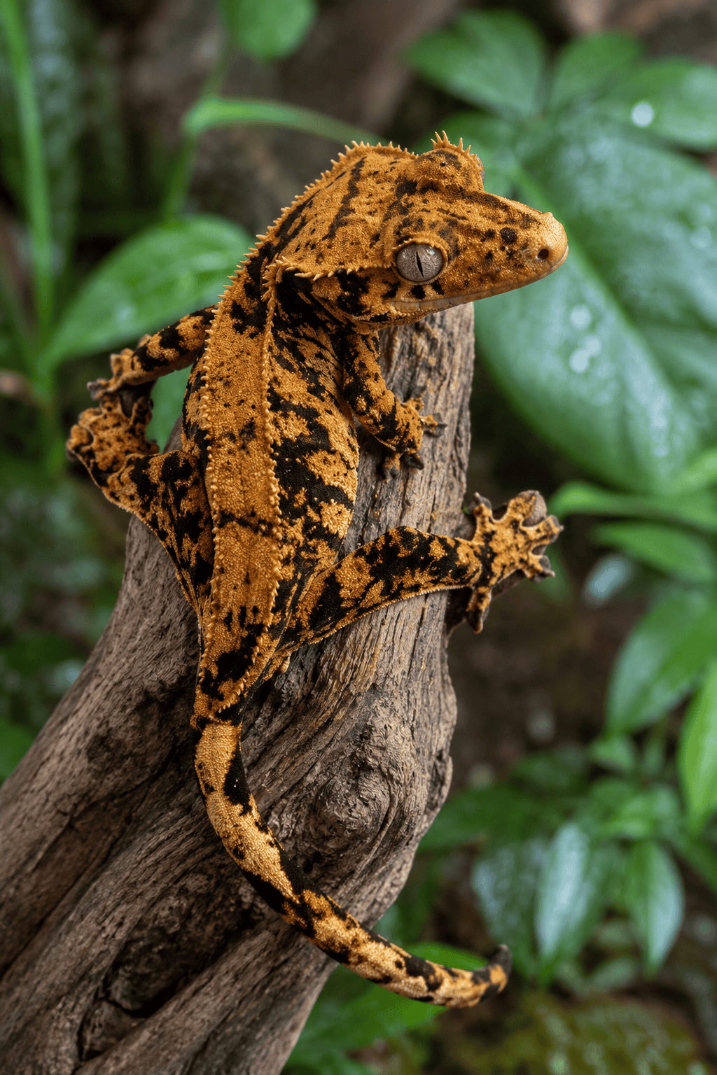 Ögonfransgecko (Correlophus ciliatus) med brindle- och harlequin-mönster i orange på mörk botten