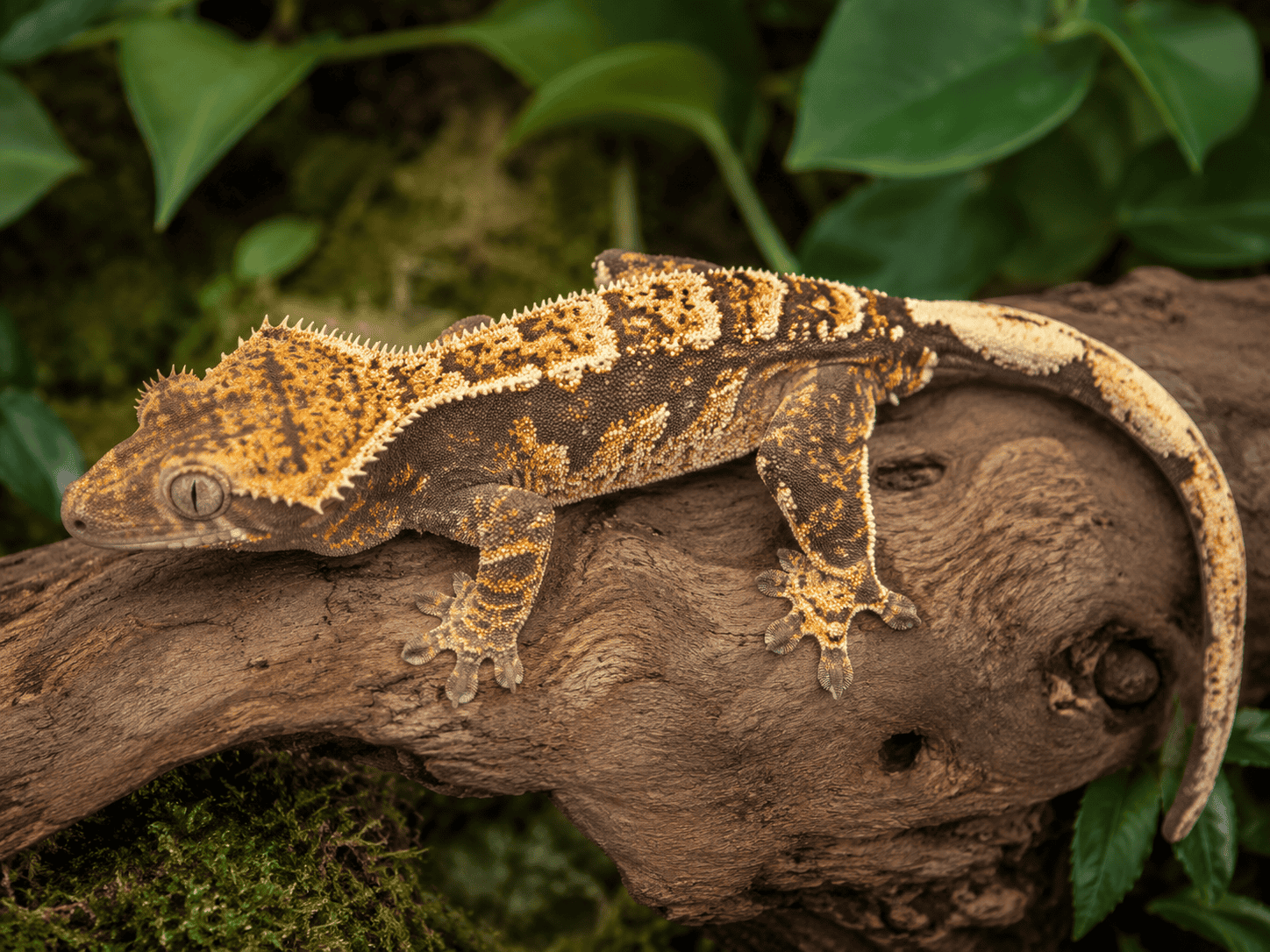 Extreme harlequin ögonfransgecko (Correlophus ciliatus) i mörk choklad med orange och cream mönster
