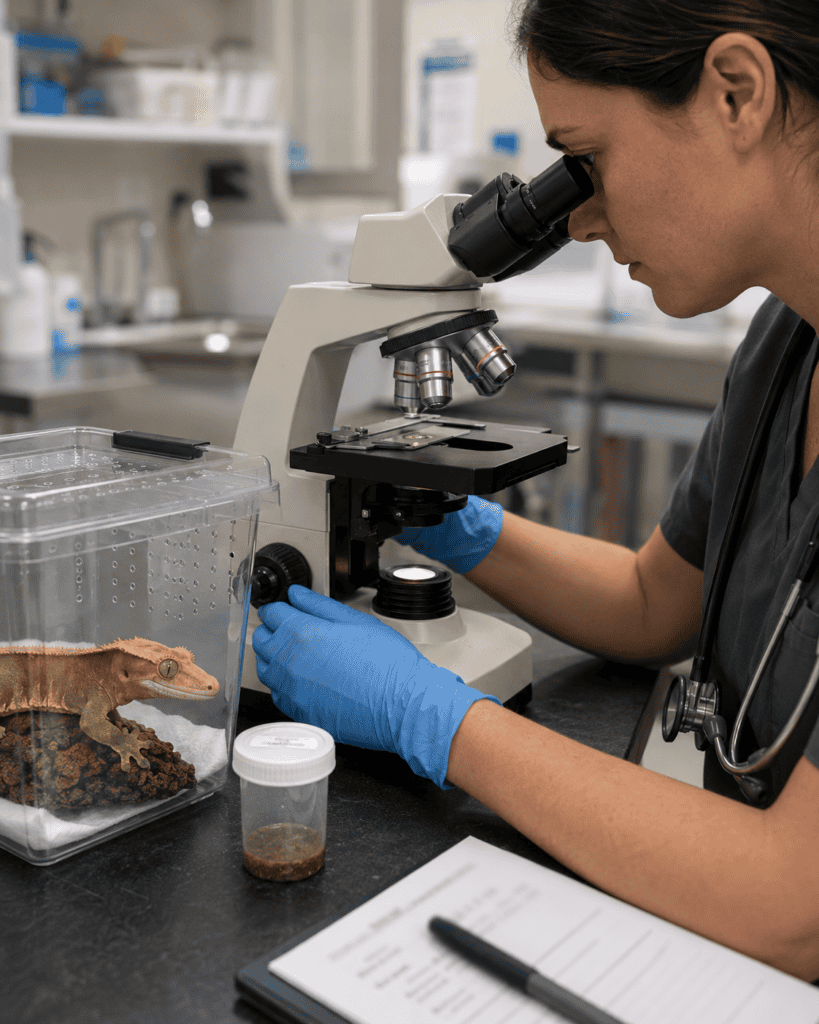veterinary parasite testing under a microscope crested gecko