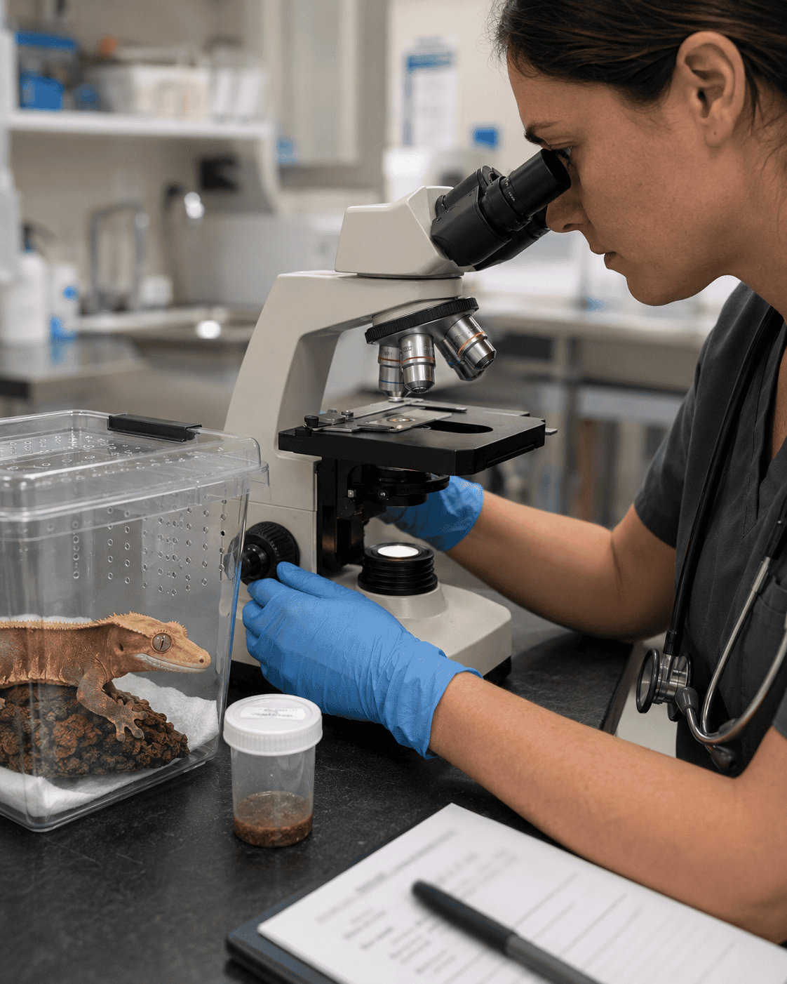 veterinary parasite testing under a microscope crested gecko