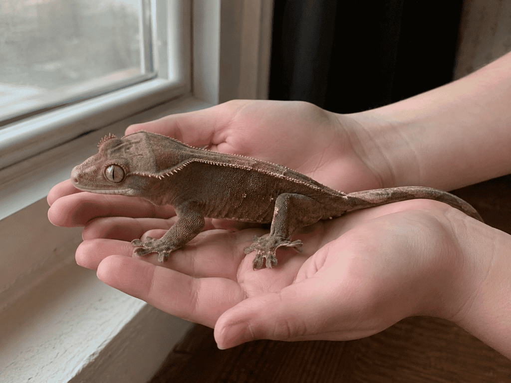 Ögonfransgecko (Correlophus ciliatus) som hålls lugnt i två händer vid ett fönster
