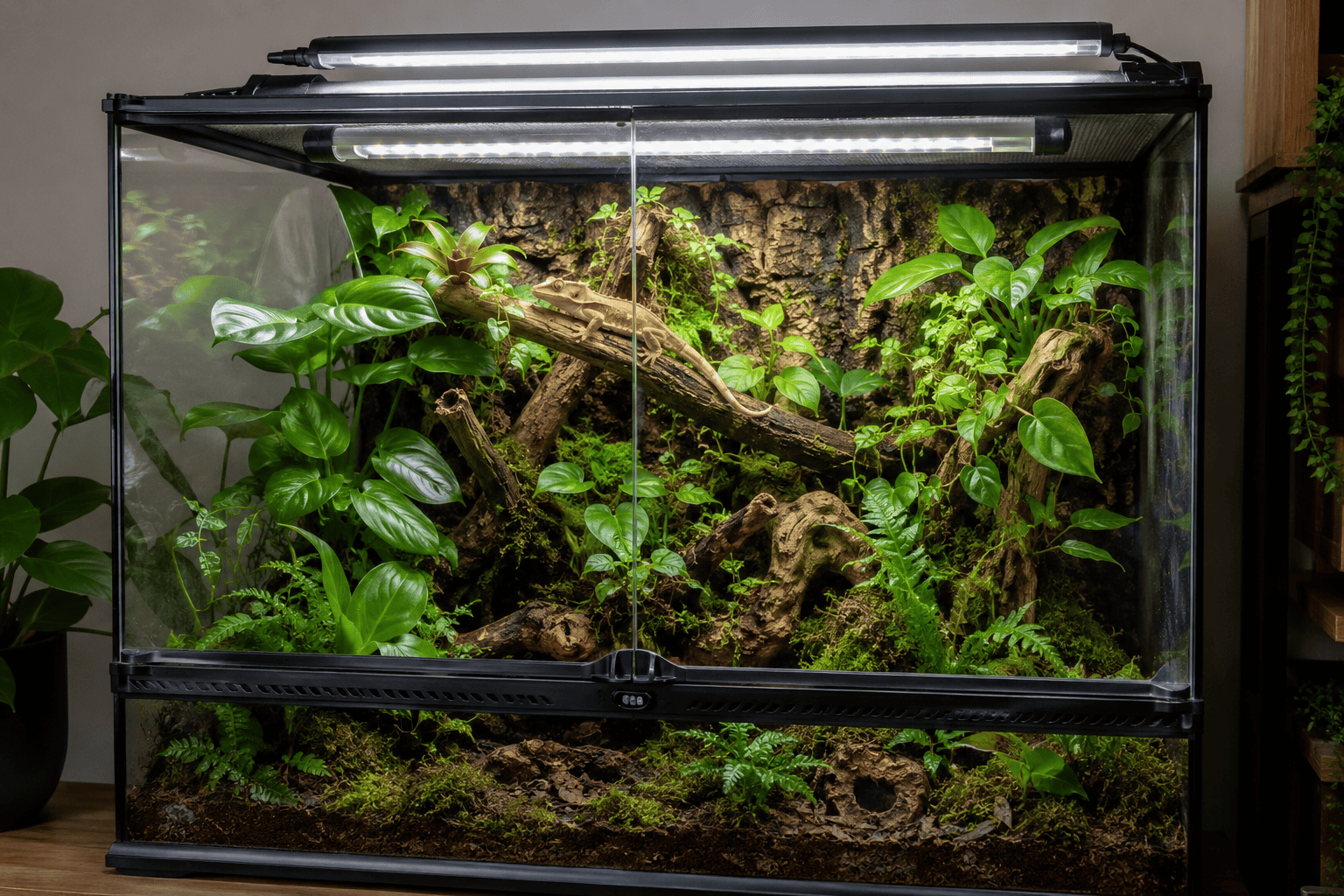 Belysning och UVB-lampa monterad ovanpå ögonfransgeckons terrarium