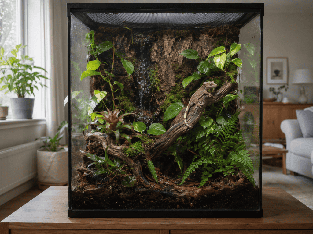 Bioaktivt terrarium för ögonfransgecko med levande växter och gren