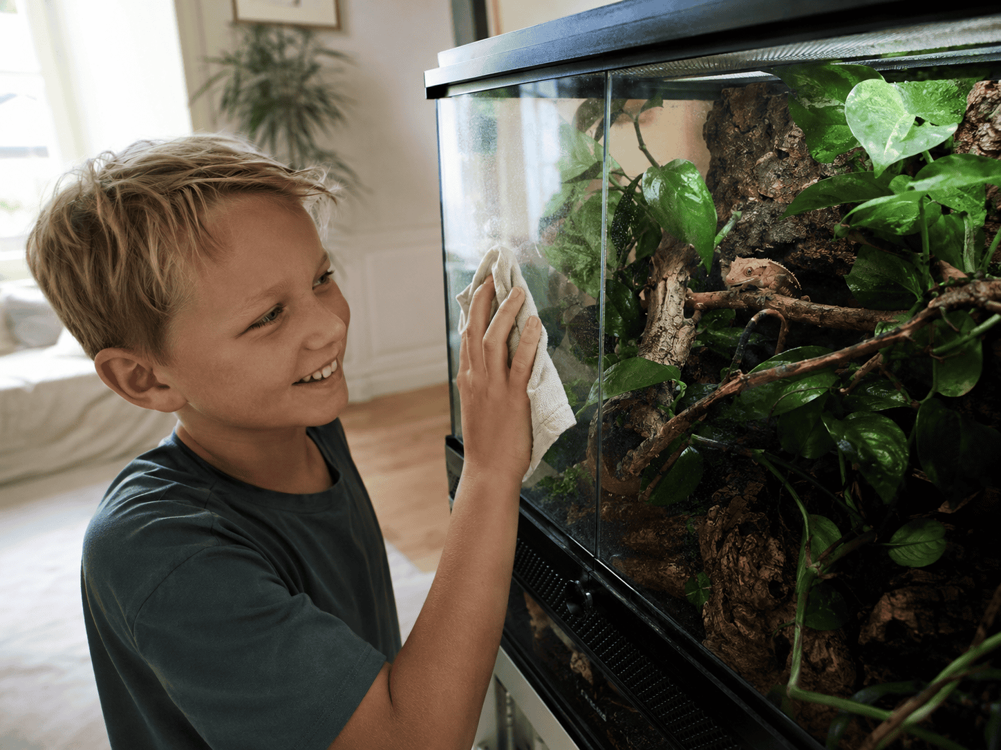 Inrett bioaktivt terrarium med grenar, korkbark och växter för ögonfransgecko