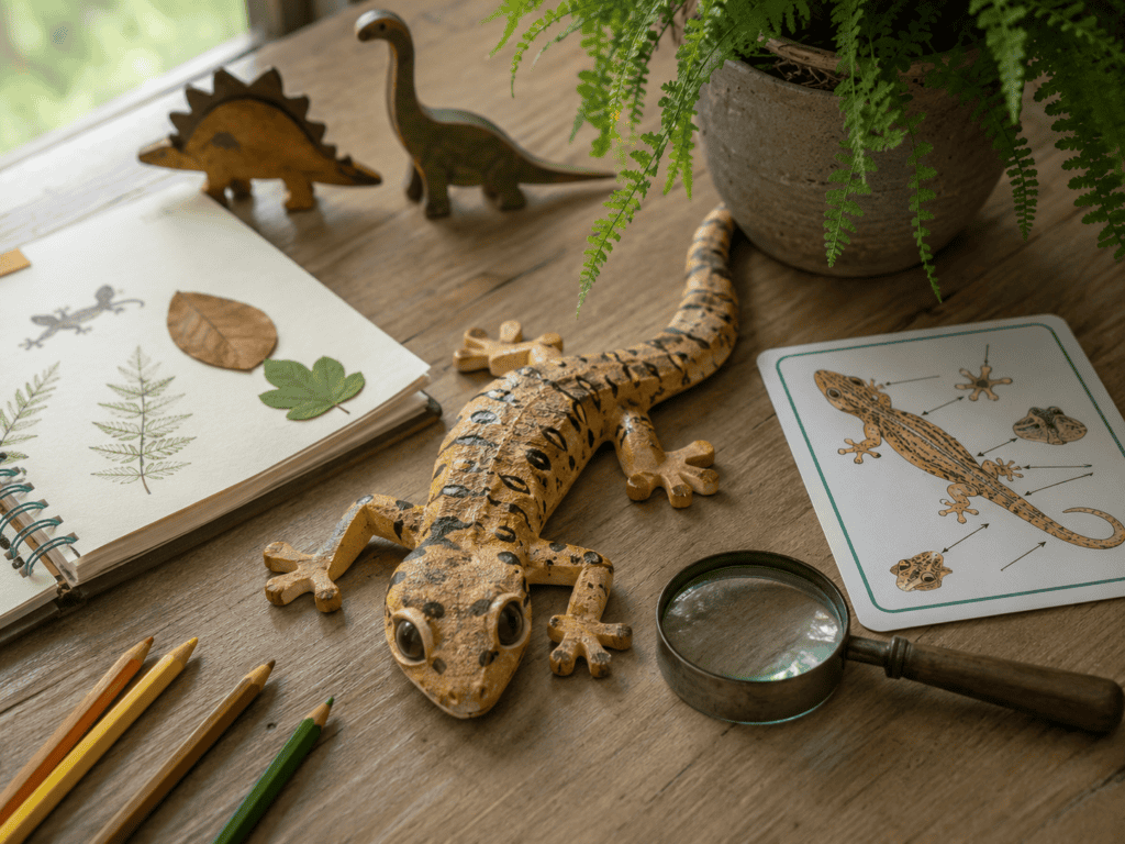 Studiebord med illustration av ögonfransgeckons kännetecken, förstoringsglas och pennor