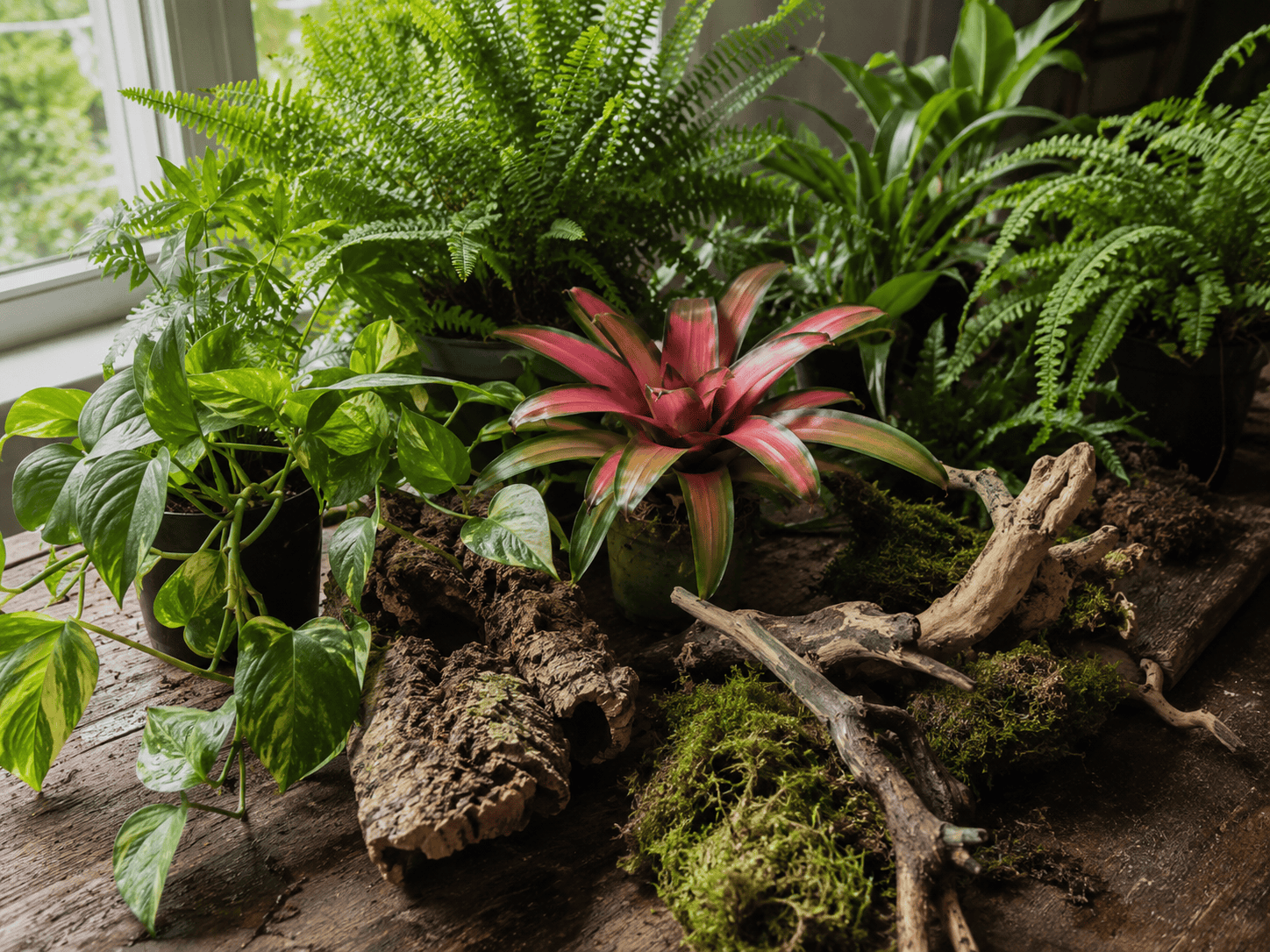 Växter och hardscape för geckoterrarium: pothos, ormbunkar, bromelia, korkbark och gren