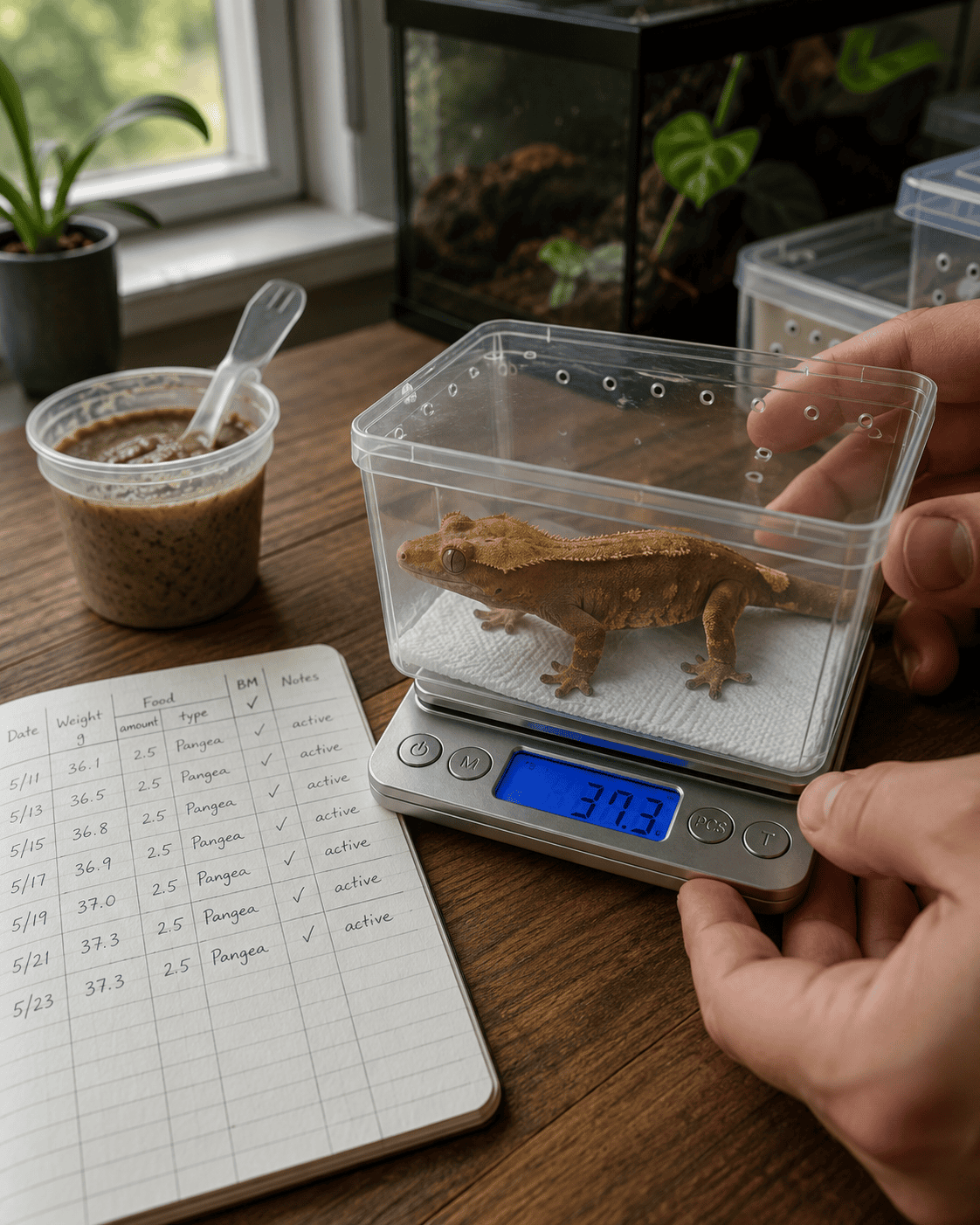 • monitoring a crested gecko’s weight and appetite
